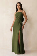 Spaghetti Strap Sheath Satin Bridesmaid Dress with Bow in Olive - KissProm Bridesmaid Dresses