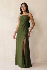 Spaghetti Strap Sheath Satin Bridesmaid Dress with Bow in Olive - KissProm Bridesmaid Dresses
