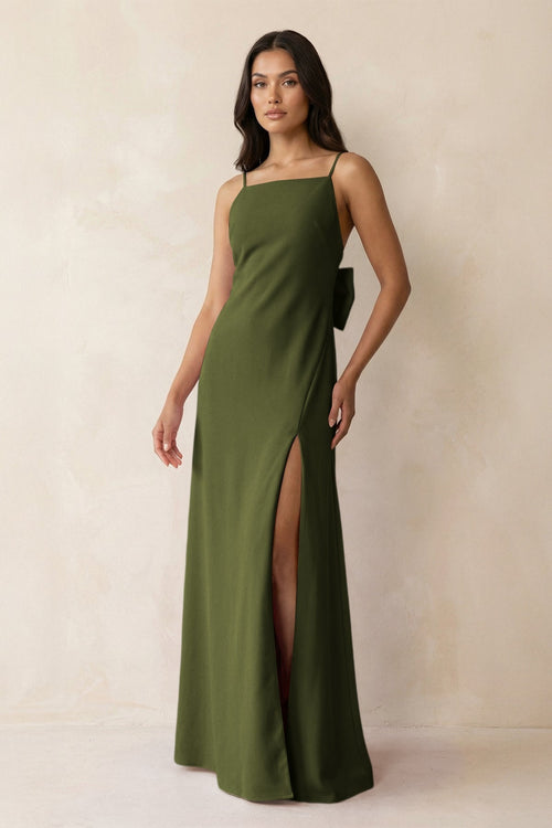 Spaghetti Strap Sheath Satin Bridesmaid Dress with Bow in Olive - KissProm Bridesmaid Dresses
