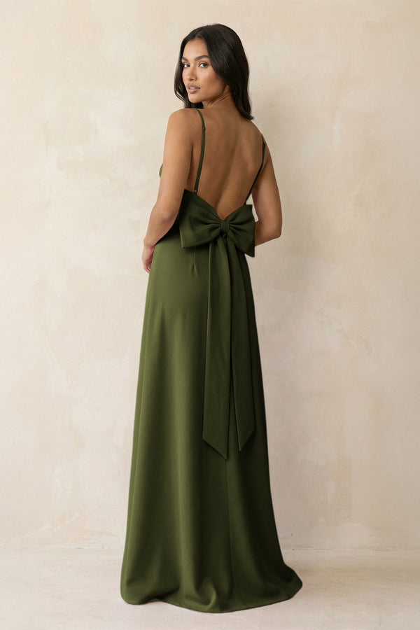 Spaghetti Strap Sheath Satin Bridesmaid Dress with Bow in Olive - KissProm Bridesmaid Dresses