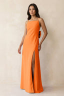 Spaghetti Strap Sheath Satin Bridesmaid Dress with Bow in Orange - KissProm Bridesmaid Dresses