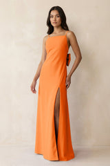 Spaghetti Strap Sheath Satin Bridesmaid Dress with Bow in Orange - KissProm Bridesmaid Dresses