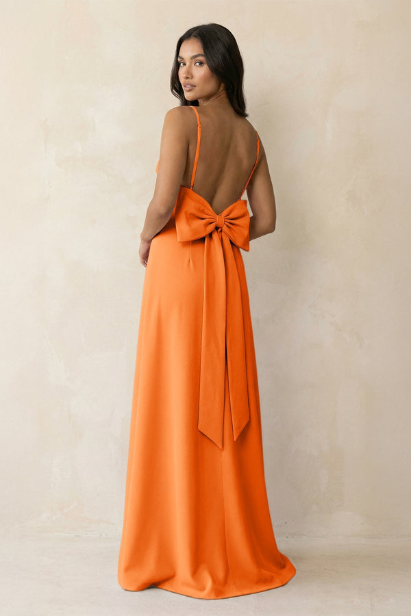 Spaghetti Strap Sheath Satin Bridesmaid Dress with Bow in Orange - KissProm Bridesmaid Dresses