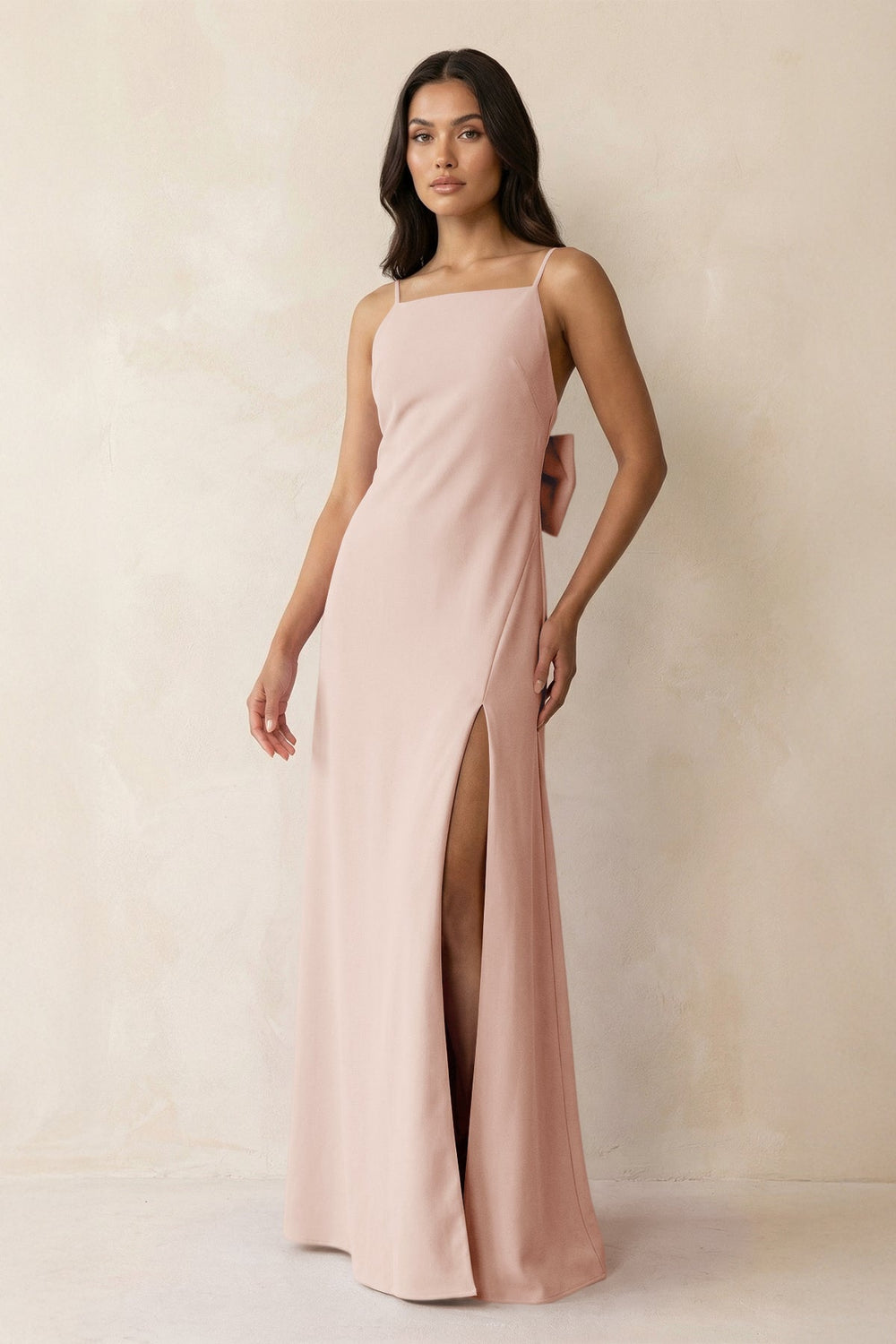 Spaghetti Strap Sheath Satin Bridesmaid Dress with Bow in Pale Blush - KissProm Bridesmaid Dresses