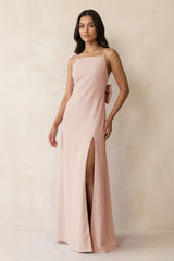 Spaghetti Strap Sheath Satin Bridesmaid Dress with Bow in Pale Blush - KissProm Bridesmaid Dresses