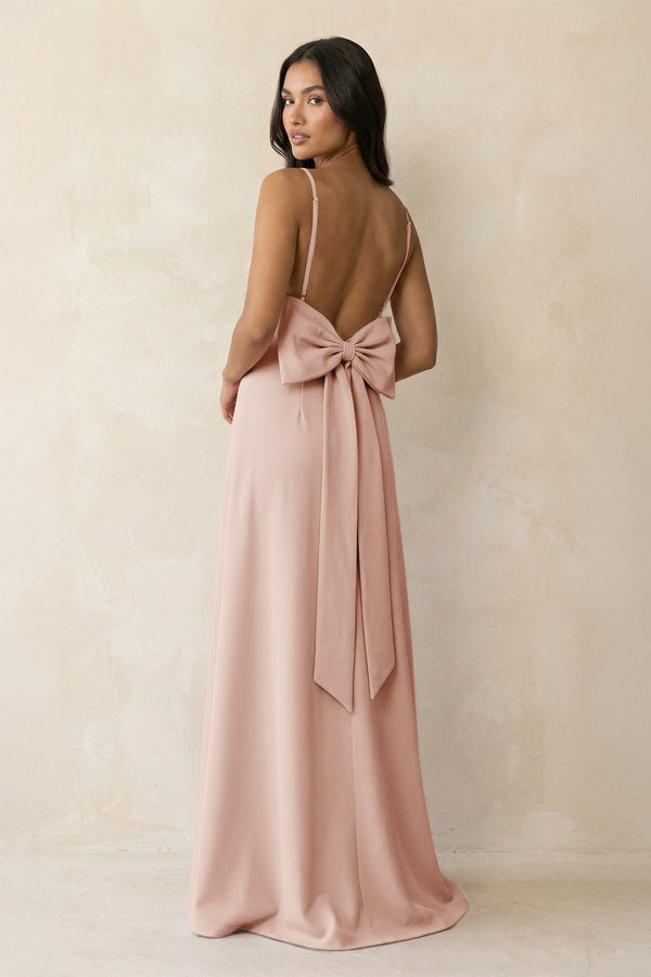 Spaghetti Strap Sheath Satin Bridesmaid Dress with Bow in Pale Blush - KissProm Bridesmaid Dresses