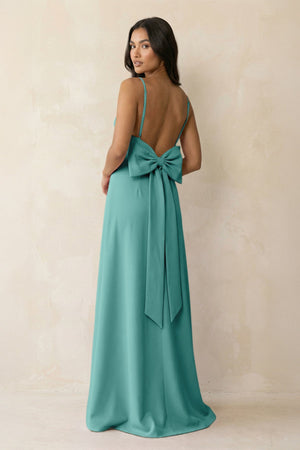 Spaghetti Strap Sheath Satin Bridesmaid Dress with Bow in Pale Pistachio - KissProm Bridesmaid Dresses