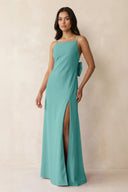 Spaghetti Strap Sheath Satin Bridesmaid Dress with Bow in Pale Pistachio - KissProm Bridesmaid Dresses