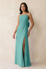 Spaghetti Strap Sheath Satin Bridesmaid Dress with Bow in Pale Pistachio - KissProm Bridesmaid Dresses