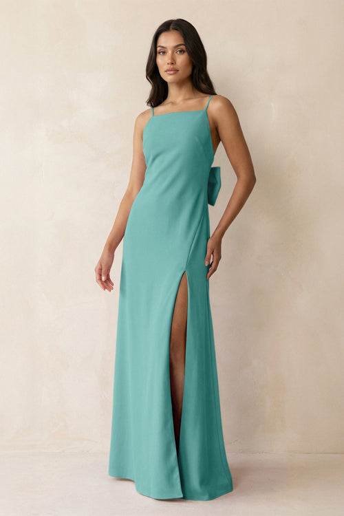 Spaghetti Strap Sheath Satin Bridesmaid Dress with Bow in Pale Pistachio - KissProm Bridesmaid Dresses
