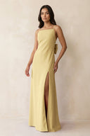 Spaghetti Strap Sheath Satin Bridesmaid Dress with Bow in Pastel Yellow - KissProm Bridesmaid Dresses