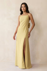 Spaghetti Strap Sheath Satin Bridesmaid Dress with Bow in Pastel Yellow - KissProm Bridesmaid Dresses