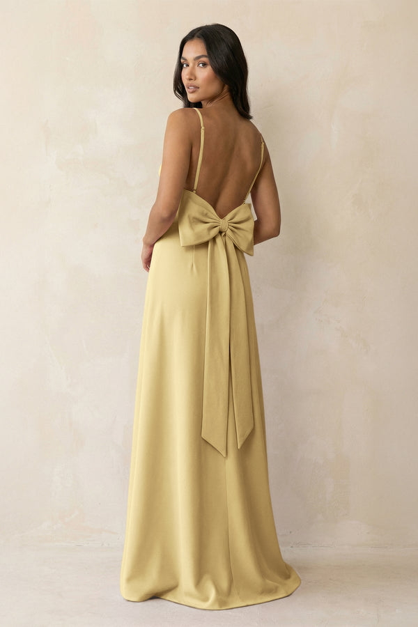 Spaghetti Strap Sheath Satin Bridesmaid Dress with Bow in Pastel Yellow - KissProm Bridesmaid Dresses