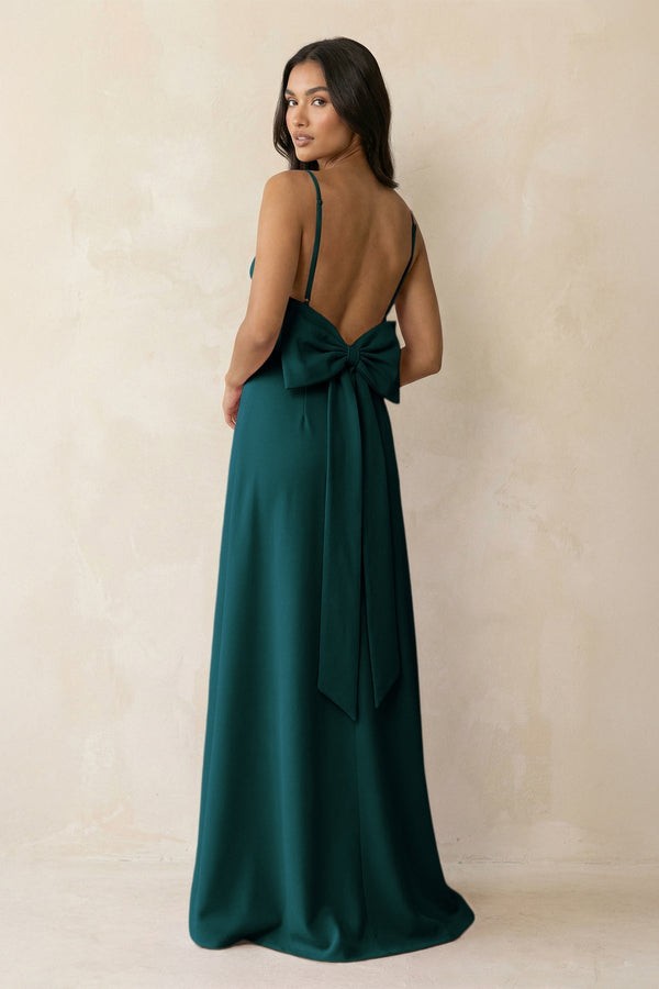 Spaghetti Strap Sheath Satin Bridesmaid Dress with Bow in Pine - KissProm Bridesmaid Dresses