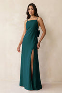 Spaghetti Strap Sheath Satin Bridesmaid Dress with Bow in Pine - KissProm Bridesmaid Dresses