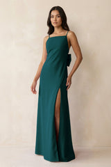 Spaghetti Strap Sheath Satin Bridesmaid Dress with Bow in Pine - KissProm Bridesmaid Dresses