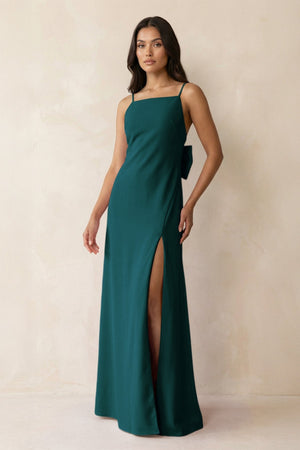 Spaghetti Strap Sheath Satin Bridesmaid Dress with Bow in Pine - KissProm Bridesmaid Dresses