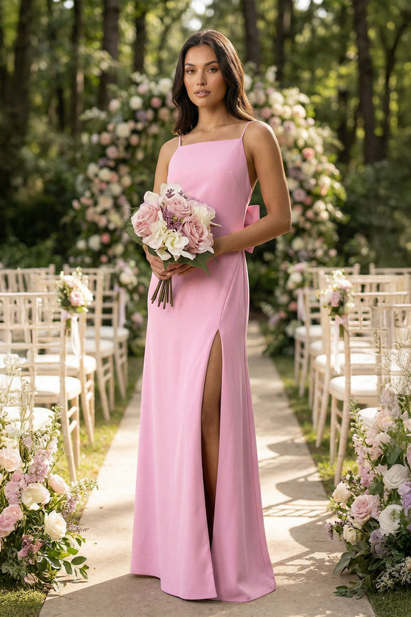 Spaghetti Strap Sheath Satin Bridesmaid Dress with Bow in Pink - KissProm Bridesmaid Dresses