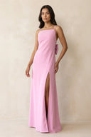 Spaghetti Strap Sheath Satin Bridesmaid Dress with Bow in Pink - KissProm Bridesmaid Dresses