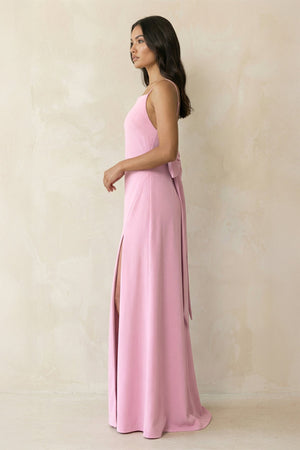 Spaghetti Strap Sheath Satin Bridesmaid Dress with Bow in Pink - KissProm Bridesmaid Dresses
