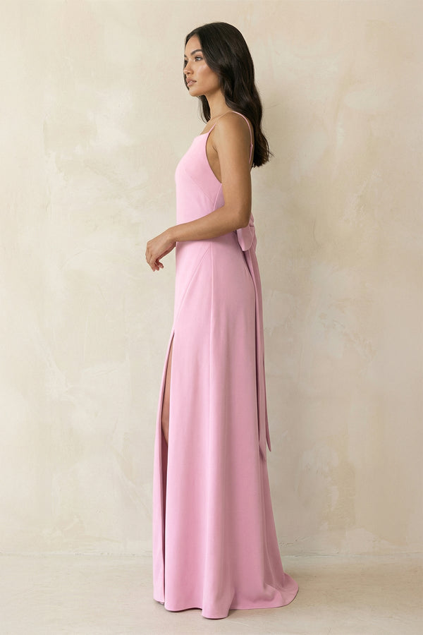 Spaghetti Strap Sheath Satin Bridesmaid Dress with Bow in Pink - KissProm Bridesmaid Dresses