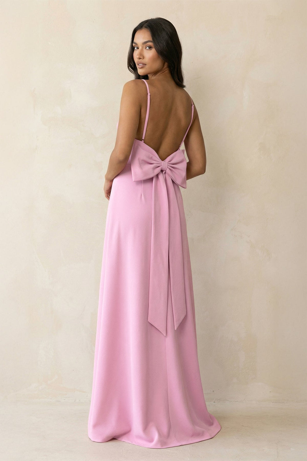Spaghetti Strap Sheath Satin Bridesmaid Dress with Bow in Pink - KissProm Bridesmaid Dresses