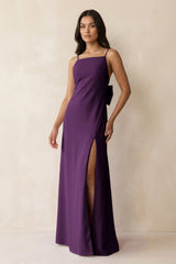 Spaghetti Strap Sheath Satin Bridesmaid Dress with Bow in Plum - KissProm Bridesmaid Dresses