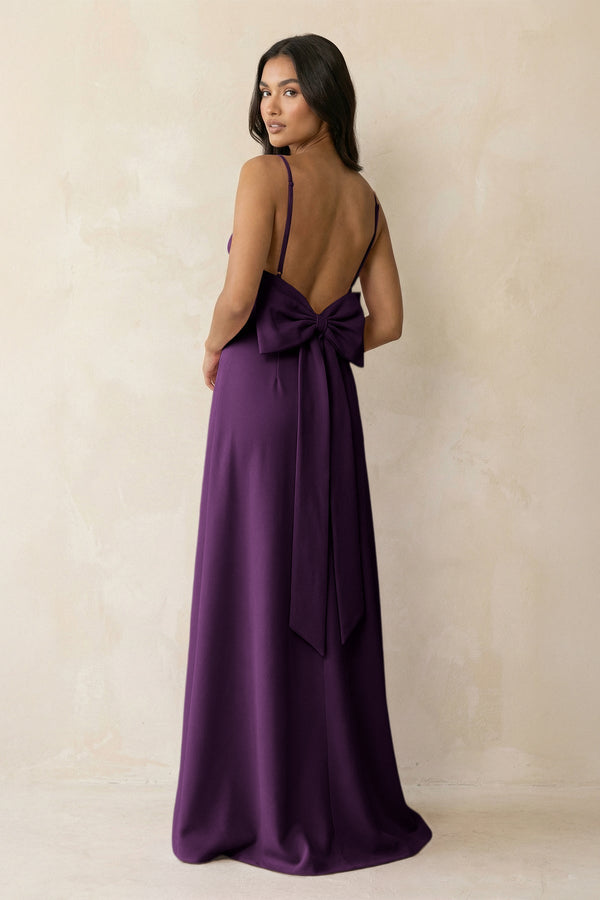Spaghetti Strap Sheath Satin Bridesmaid Dress with Bow in Plum - KissProm Bridesmaid Dresses