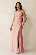 Spaghetti Strap Sheath Satin Bridesmaid Dress with Bow in Rose Petal - KissProm Bridesmaid Dresses