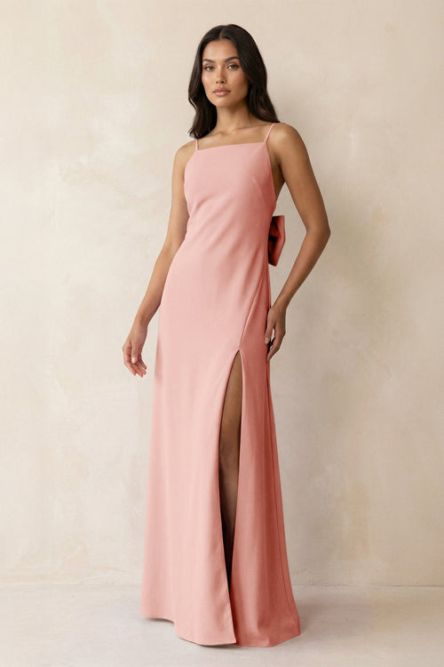 Spaghetti Strap Sheath Satin Bridesmaid Dress with Bow in Rose Petal - KissProm Bridesmaid Dresses