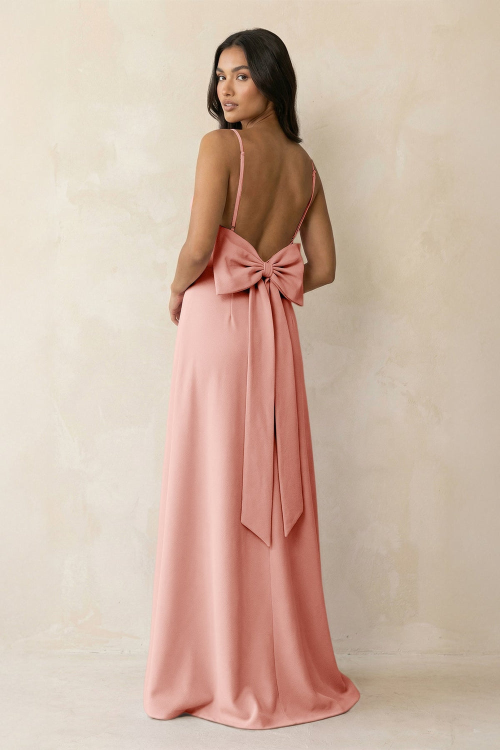 Spaghetti Strap Sheath Satin Bridesmaid Dress with Bow in Rose Petal - KissProm Bridesmaid Dresses