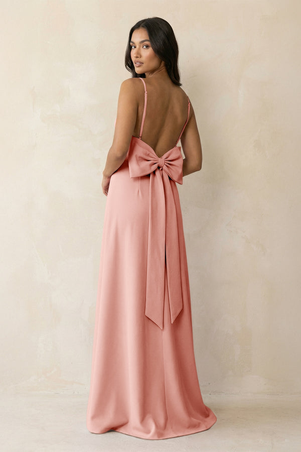 Spaghetti Strap Sheath Satin Bridesmaid Dress with Bow in Rose Petal - KissProm Bridesmaid Dresses