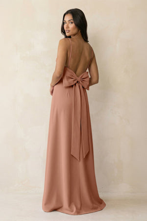 Spaghetti Strap Sheath Satin Bridesmaid Dress with Bow in Rosette - KissProm Bridesmaid Dresses
