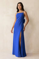 Spaghetti Strap Sheath Satin Bridesmaid Dress with Bow in Royal Blue - KissProm Bridesmaid Dresses