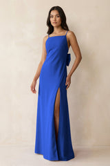 Spaghetti Strap Sheath Satin Bridesmaid Dress with Bow in Royal Blue - KissProm Bridesmaid Dresses