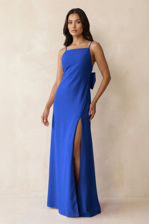 Spaghetti Strap Sheath Satin Bridesmaid Dress with Bow in Royal Blue - KissProm Bridesmaid Dresses