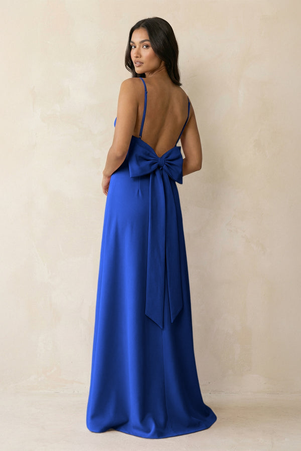 Spaghetti Strap Sheath Satin Bridesmaid Dress with Bow in Royal Blue - KissProm Bridesmaid Dresses