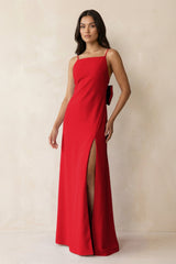Spaghetti Strap Sheath Satin Bridesmaid Dress with Bow in Ruby Red - KissProm Bridesmaid Dresses