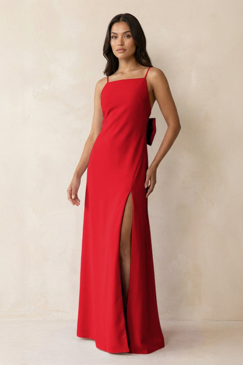 Spaghetti Strap Sheath Satin Bridesmaid Dress with Bow in Ruby Red - KissProm Bridesmaid Dresses