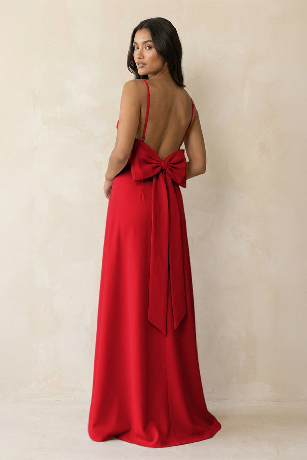 Spaghetti Strap Sheath Satin Bridesmaid Dress with Bow in Ruby Red - KissProm Bridesmaid Dresses