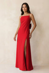 Spaghetti Strap Sheath Satin Bridesmaid Dress with Bow in Ruby Red - KissProm Bridesmaid Dresses