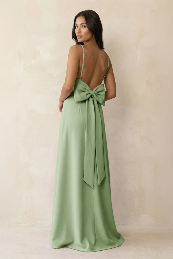 Spaghetti Strap Sheath Satin Bridesmaid Dress with Bow in Sage - KissProm Bridesmaid Dresses