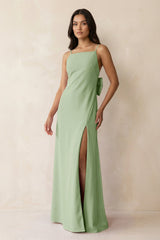 Spaghetti Strap Sheath Satin Bridesmaid Dress with Bow in Sage - KissProm Bridesmaid Dresses