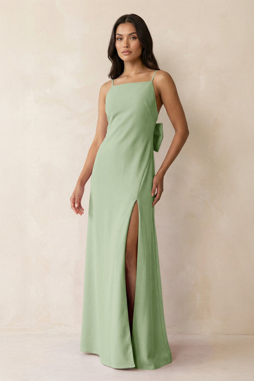 Spaghetti Strap Sheath Satin Bridesmaid Dress with Bow in Sage - KissProm Bridesmaid Dresses