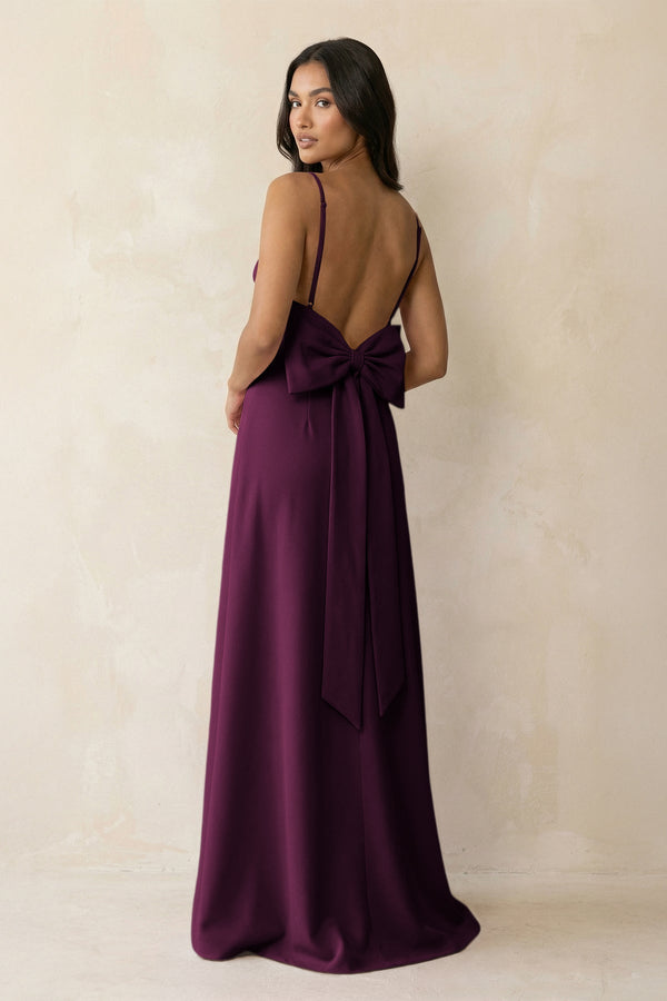 Spaghetti Strap Sheath Satin Bridesmaid Dress with Bow in Sangria - KissProm Bridesmaid Dresses