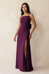 Spaghetti Strap Sheath Satin Bridesmaid Dress with Bow in Sangria - KissProm Bridesmaid Dresses