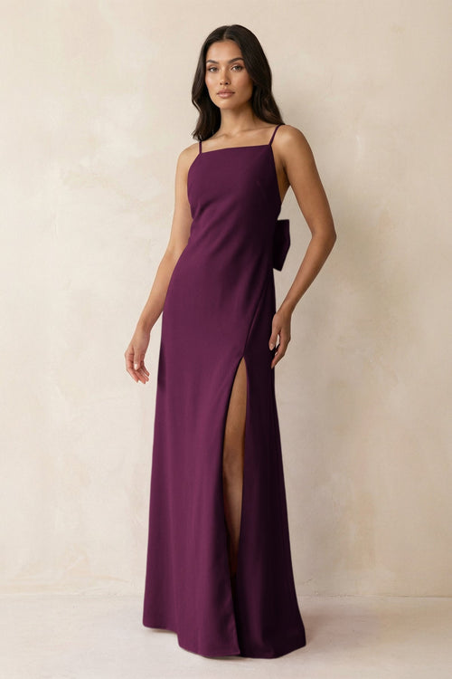 Spaghetti Strap Sheath Satin Bridesmaid Dress with Bow in Sangria - KissProm Bridesmaid Dresses