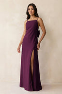 Spaghetti Strap Sheath Satin Bridesmaid Dress with Bow in Sangria - KissProm Bridesmaid Dresses