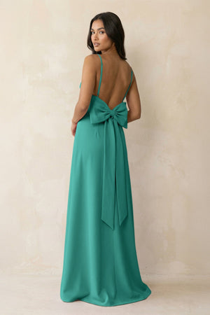 Spaghetti Strap Sheath Satin Bridesmaid Dress with Bow in Sea Glass - KissProm Bridesmaid Dresses