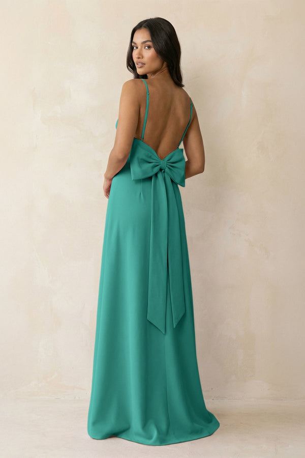 Spaghetti Strap Sheath Satin Bridesmaid Dress with Bow in Sea Glass - KissProm Bridesmaid Dresses